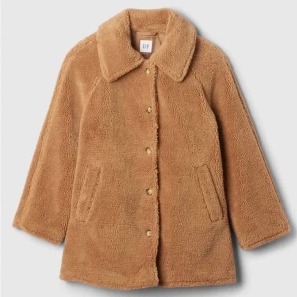 GAP Sherpa Teddy Coat Camel Brown Y2K Winter Glam Oversized Jacket SMALL Cozy - Picture 3 of 13
